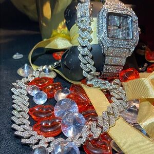 Silver Lab Diamond Ice Watch and 20” Chain Set